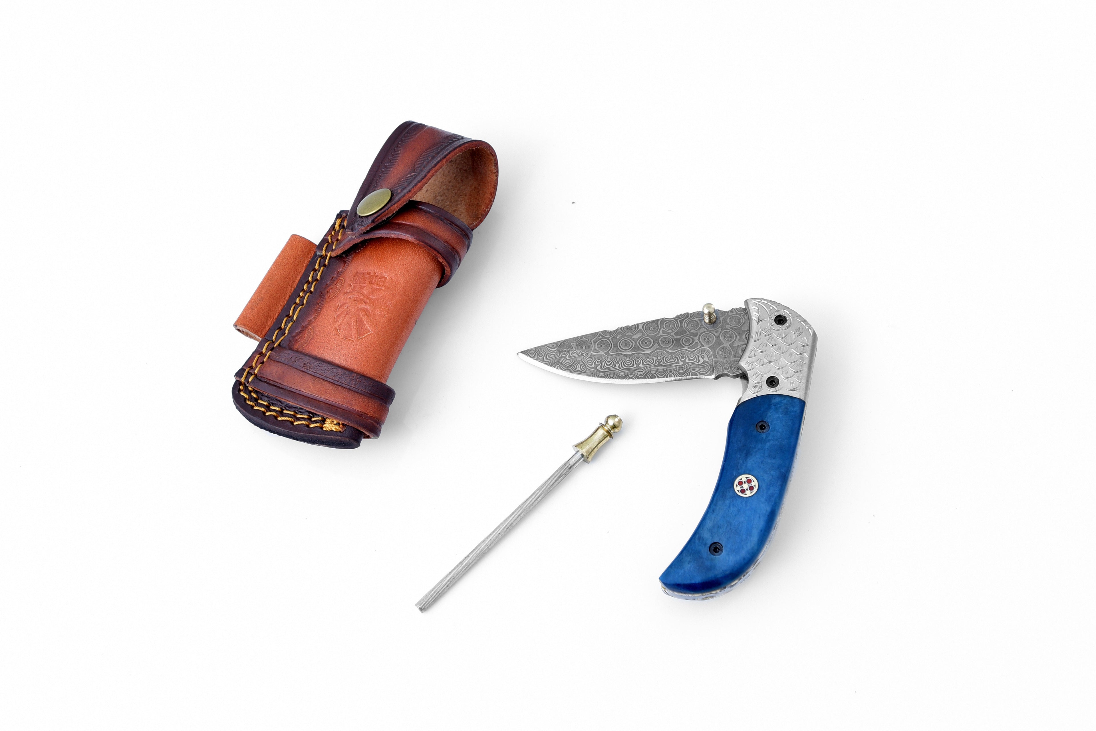 Damascus Steel Folding Knife Dyed Blue Bone TF-047